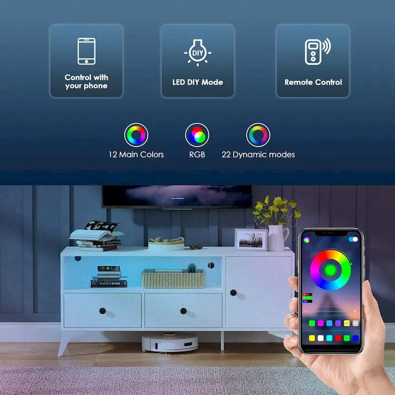Meuble TV avec lumière LED RGB, 2 tiroirs et armoire - 120 cm