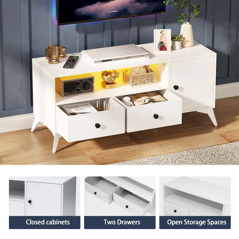 Meuble TV avec lumière LED RGB, 2 tiroirs et armoire - 120 cm
