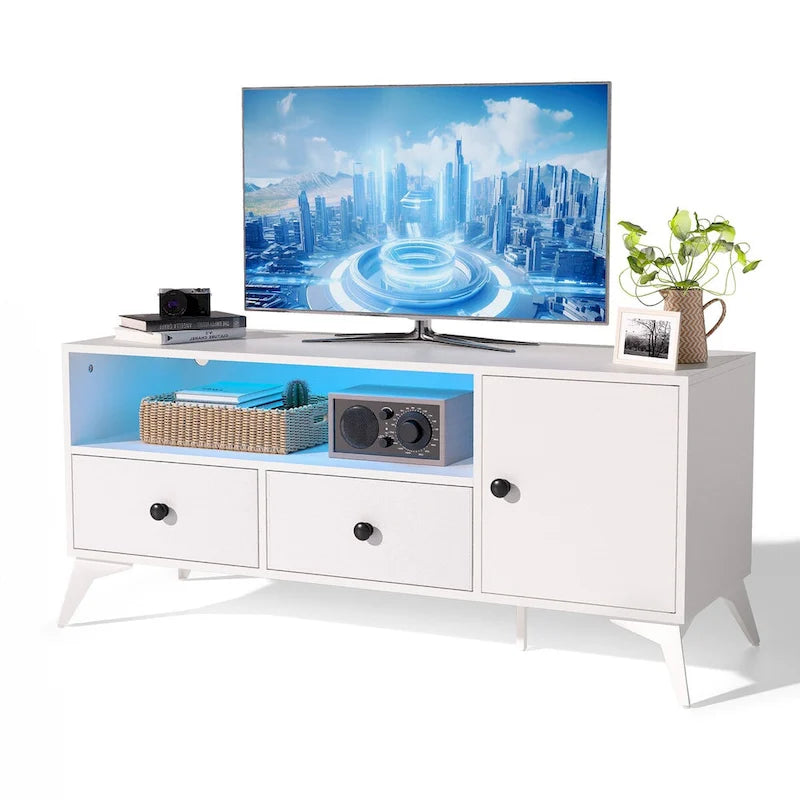Meuble TV avec lumière LED RGB, 2 tiroirs et armoire - 120 cm