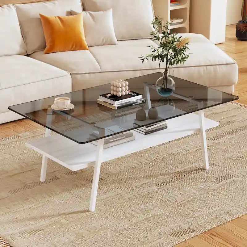 Table basse rectangulaire en verre trempé avec pieds en métal