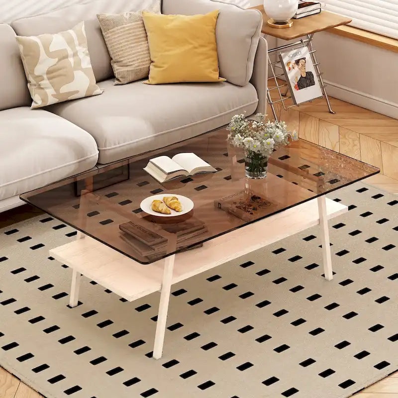 Table basse rectangulaire en verre trempé avec pieds en métal