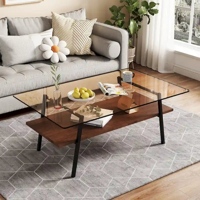 Table basse rectangulaire en verre trempé avec pieds en métal
