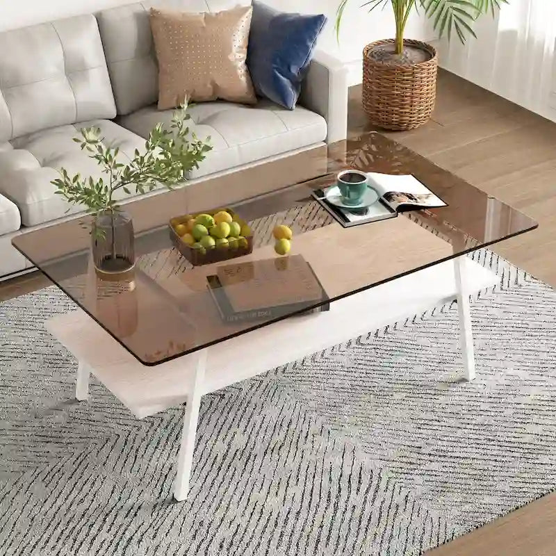 Table basse rectangulaire en verre trempé avec pieds en métal