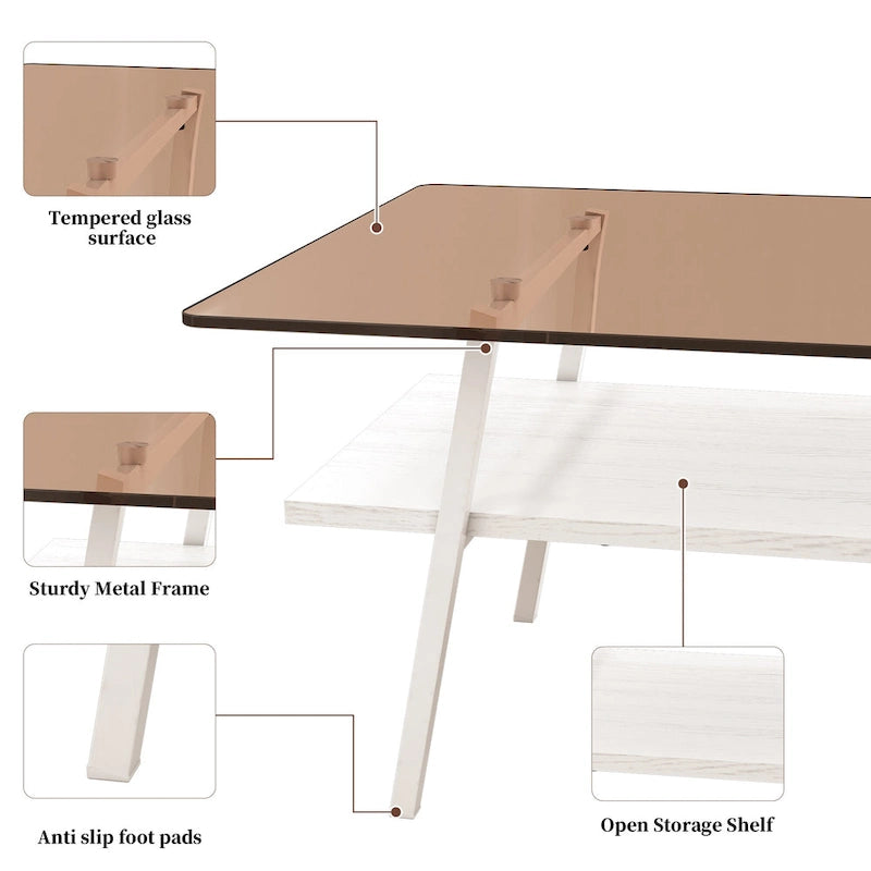 Table basse rectangulaire en verre trempé avec pieds en métal