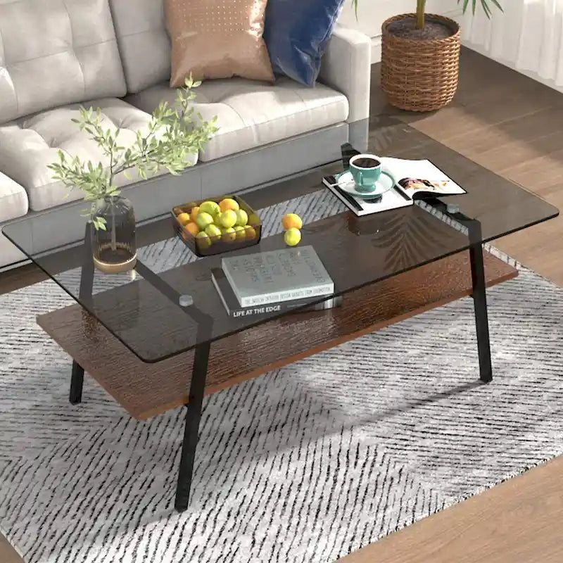 Table basse rectangulaire en verre trempé avec pieds en métal