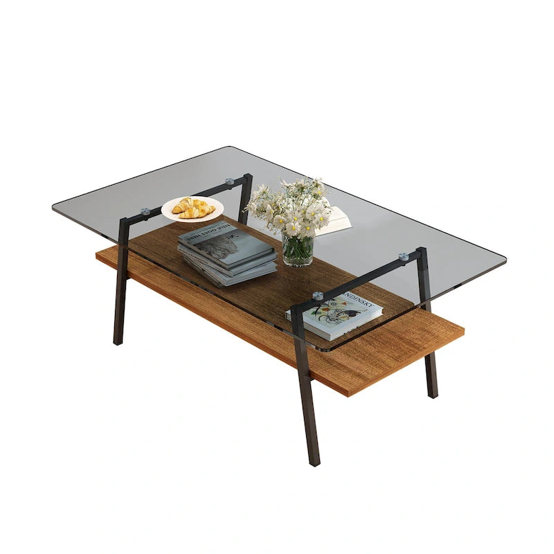 Table basse rectangulaire en verre trempé avec pieds en métal