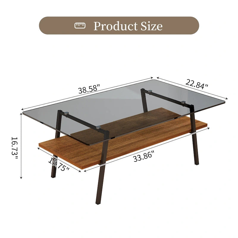 Table basse rectangulaire en verre trempé avec pieds en métal