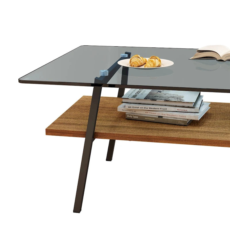 Table basse rectangulaire en verre trempé avec pieds en métal