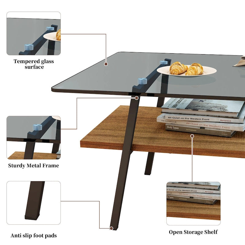 Table basse rectangulaire en verre trempé avec pieds en métal