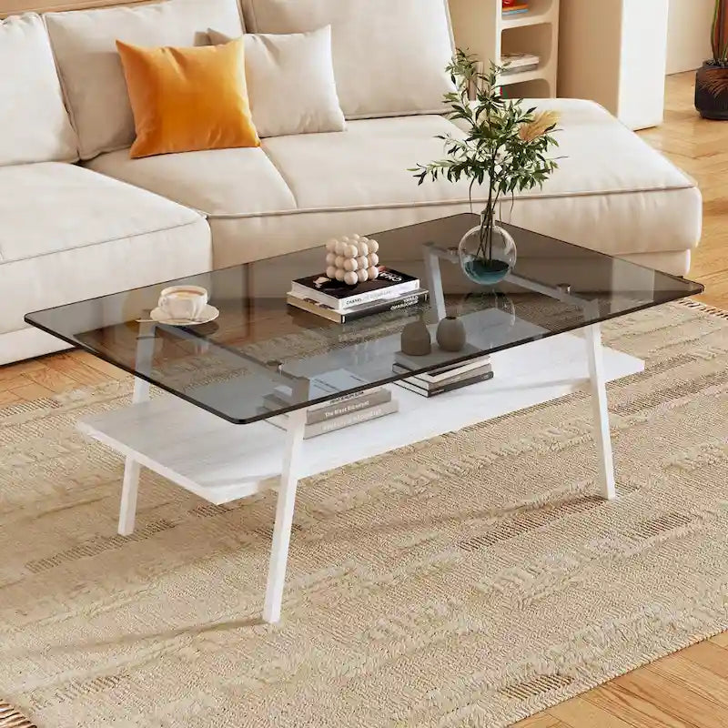 Table basse rectangulaire en verre trempé avec pieds en métal