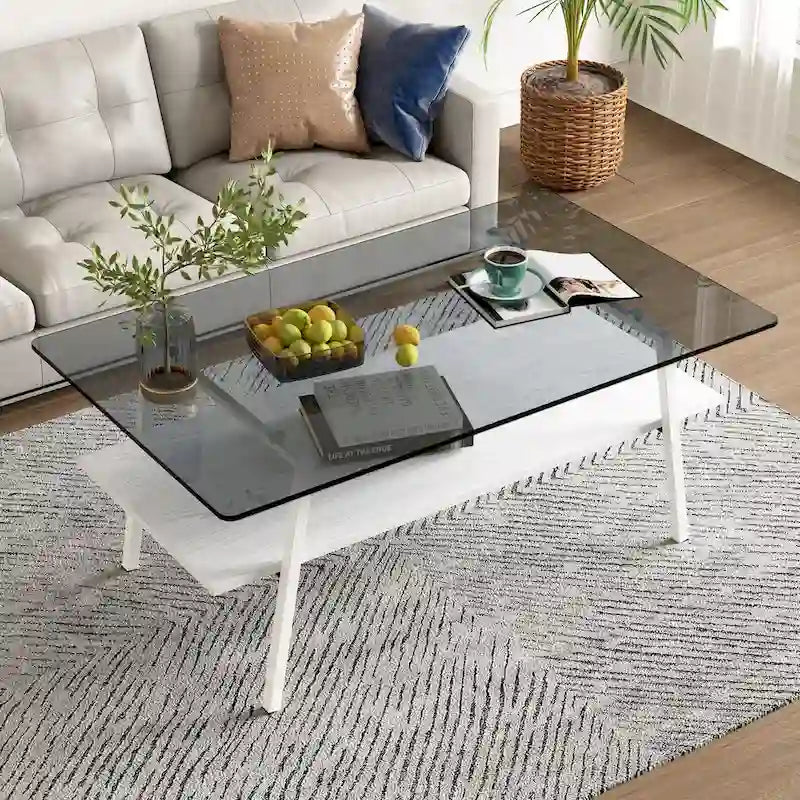 Table basse rectangulaire en verre trempé avec pieds en métal