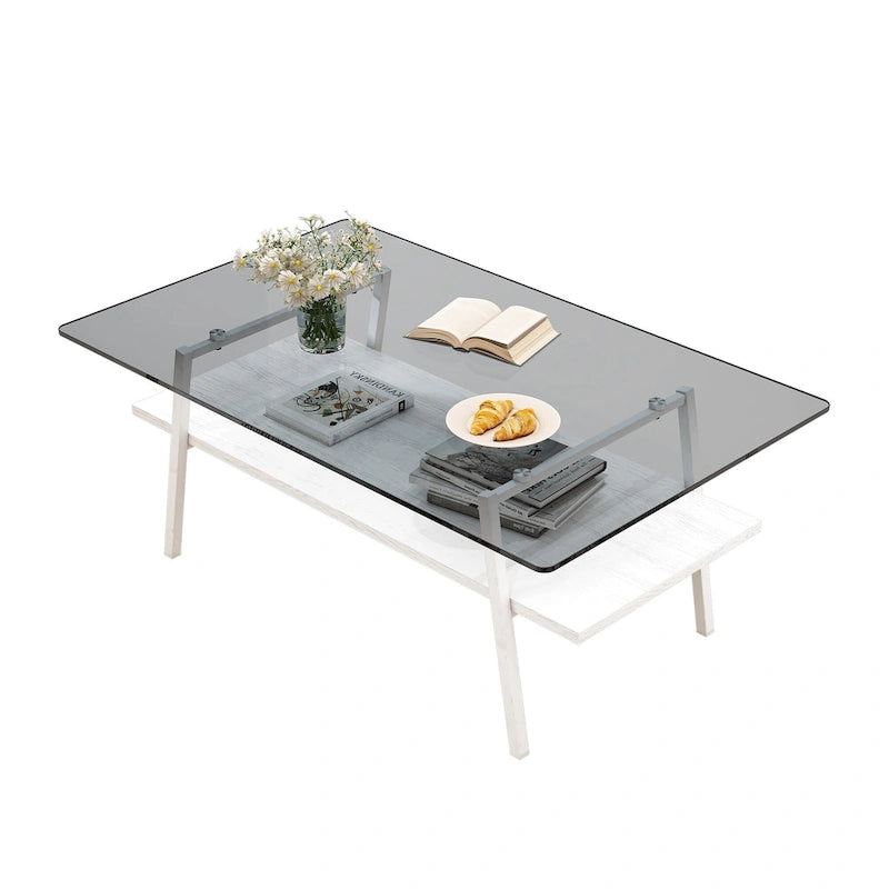 Table basse rectangulaire en verre trempé avec pieds en métal