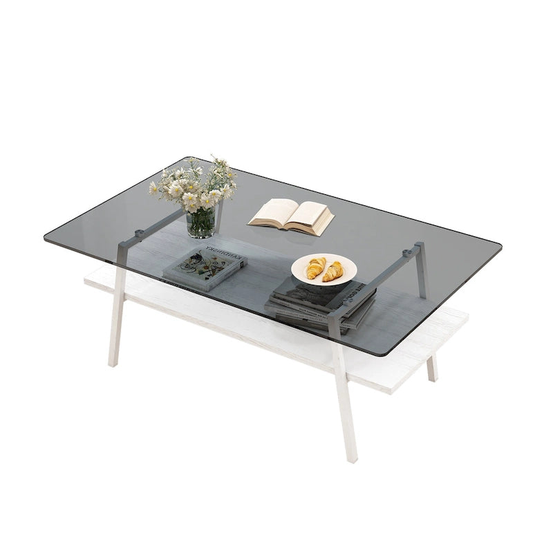 Table basse rectangulaire en verre trempé avec pieds en métal