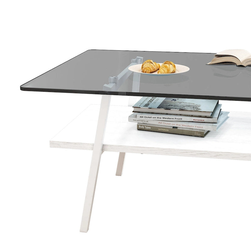Table basse rectangulaire en verre trempé avec pieds en métal