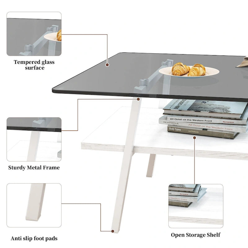 Table basse rectangulaire en verre trempé avec pieds en métal