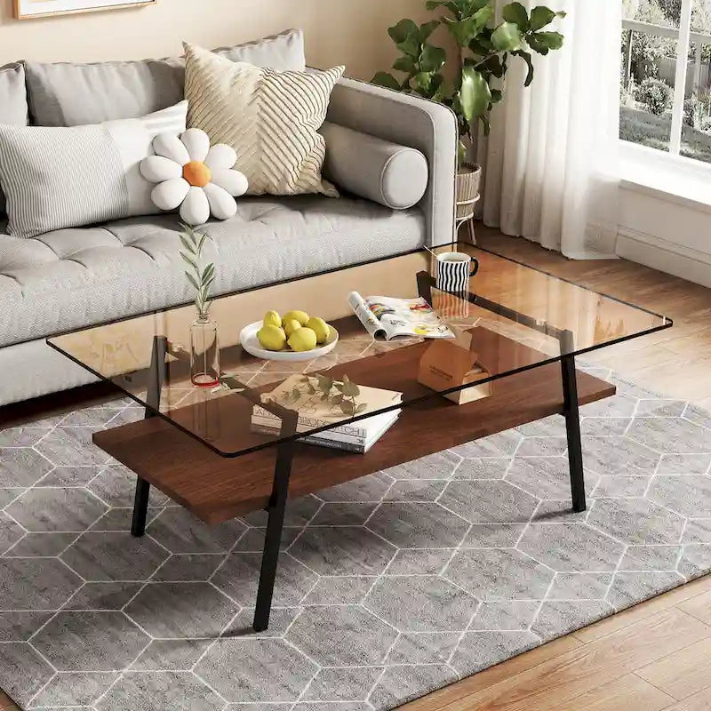 Table basse rectangulaire en verre trempé avec pieds en métal