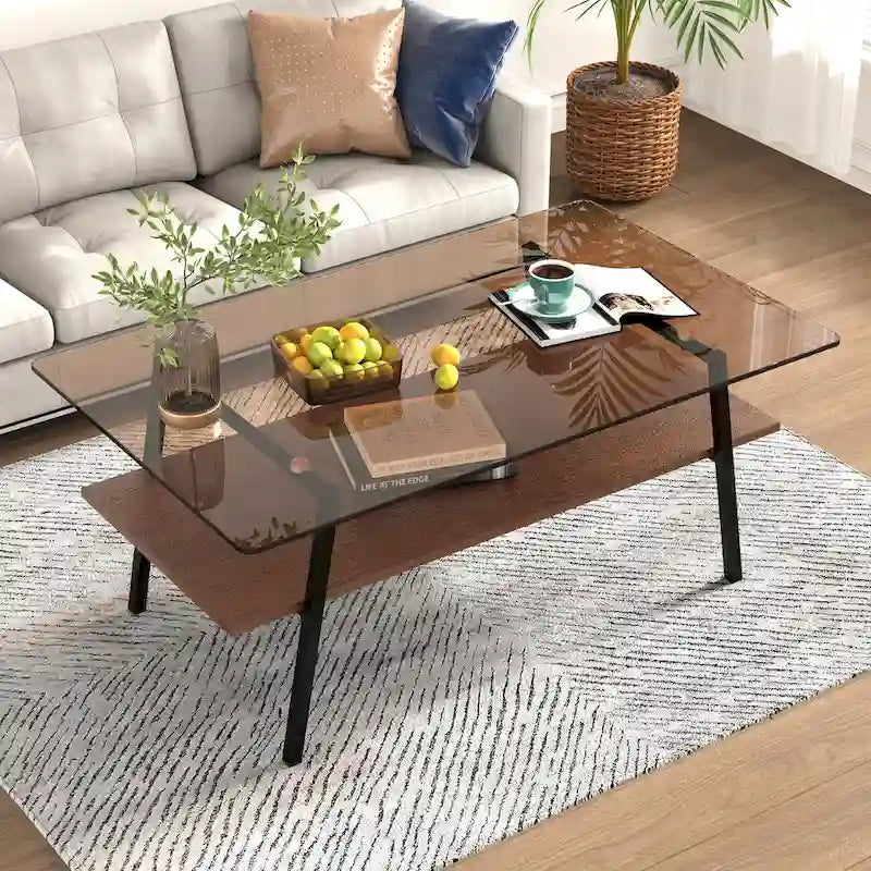 Table basse rectangulaire en verre trempé avec pieds en métal