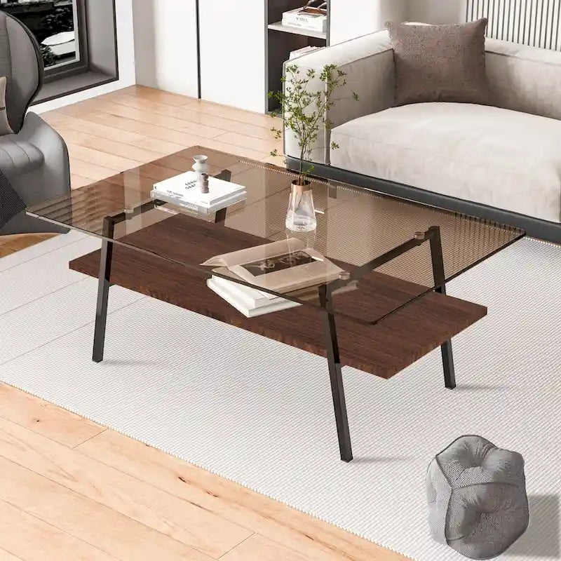 Table basse rectangulaire en verre trempé avec pieds en métal