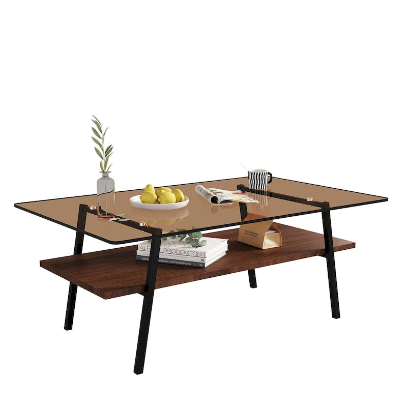 Table basse rectangulaire en verre trempé avec pieds en métal