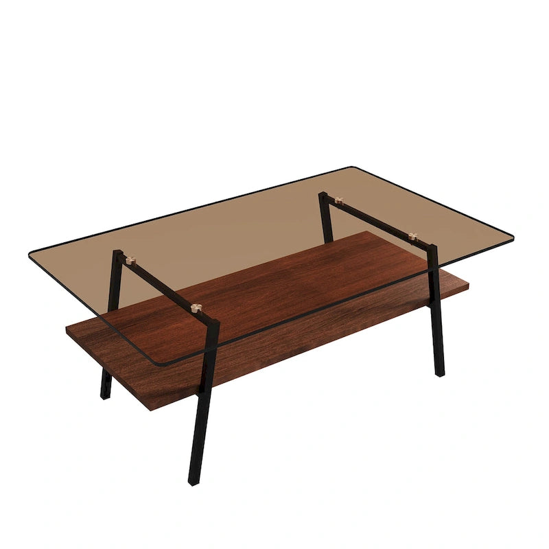 Table basse rectangulaire en verre trempé avec pieds en métal