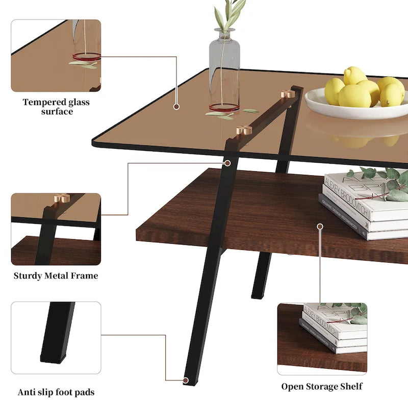 Table basse rectangulaire en verre trempé avec pieds en métal