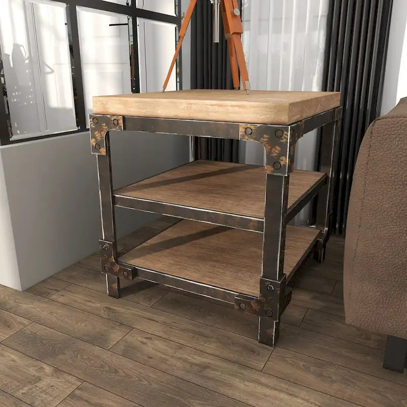 Table d'appoint/de chevet/de bout 2 étagères en bois – Marron