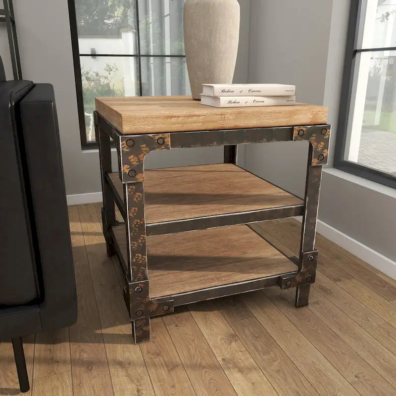 Table d'appoint/de chevet/de bout 2 étagères en bois – Marron