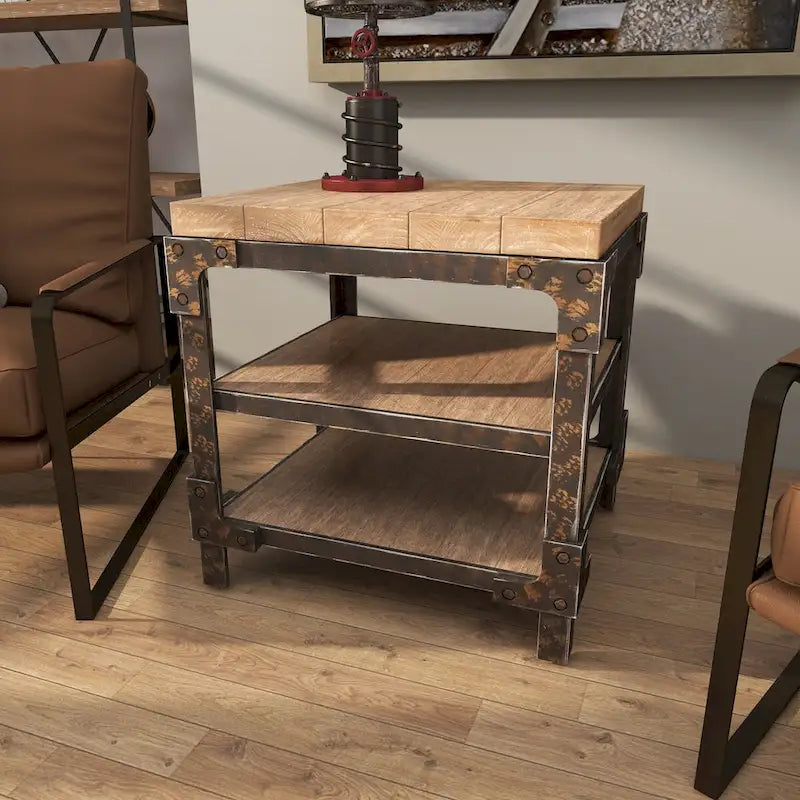 Table d'appoint/de chevet/de bout 2 étagères en bois – Marron