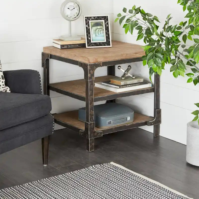 Table d'appoint/de chevet/de bout 2 étagères en bois – Marron