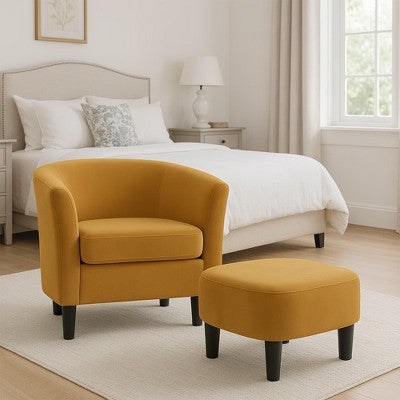 Velvet Accent Chair with Ottoman, Modern Barrel Chair Armchair for Living Room, Bedroom