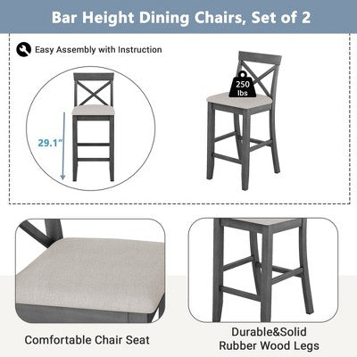 GDFStudio Varo Farmhouse Rectangular Acacia Wood Bar Height Dining Set with Upholstered Chairs