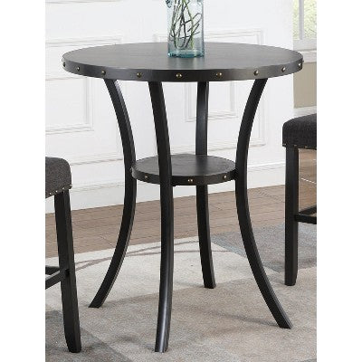 Biony 3-Piece 36 Round Espresso Finish Bar Table with 2 Gray Fabric Nail Head Pub Chairs