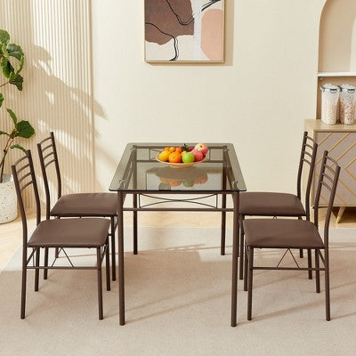 VECELO 5 Piece Dining Table Set with Glass Top Table & 4 Upholstered Chairs, Kitchen Rectangular Table Set Brown/Black