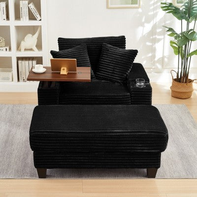 GDFStudio Siesta 42 Modern Corduroy Chair with Ottoman and Hidden Swivel Table