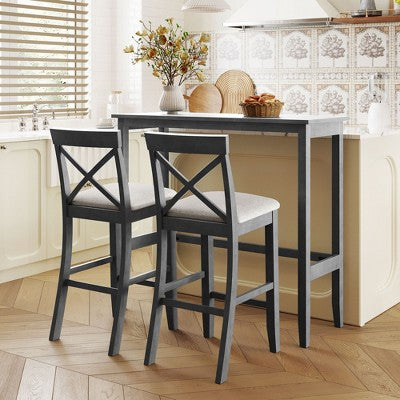 GDFStudio Varo Farmhouse Rectangular Acacia Wood Bar Height Dining Set with Upholstered Chairs