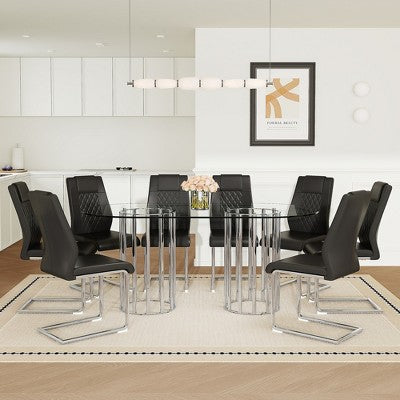 GDFStudio Arvion 8-Person Glass and Metal Dining Set with Faux Leather Upholstered Chairs