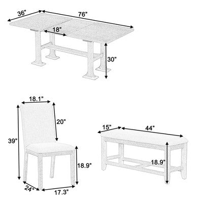 6 Pieces Dining Table Set with Bench for 6, Kitchen Table Set with Storage Drawer and 4 Upholstered Dining Chairs