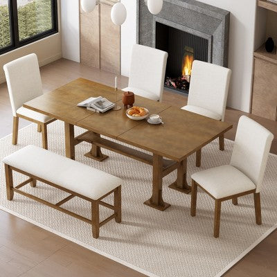 6 Pieces Dining Table Set with Bench for 6, Kitchen Table Set with Storage Drawer and 4 Upholstered Dining Chairs