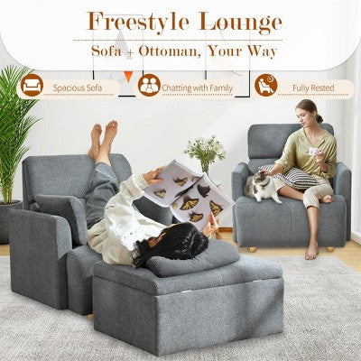 ModernLuxe Upholstered Chaise Lounge with Storage Ottoman, Wide Accent Chair Armchair Lazy Single Sofa Reading Couch Chair, Gray/Beige