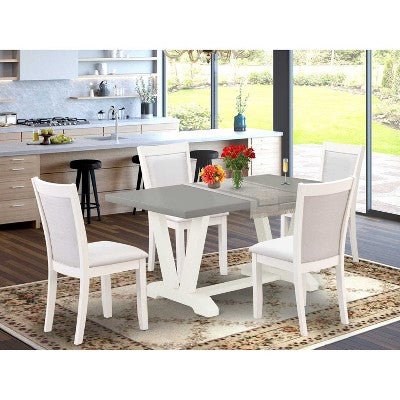 HomeStock 5-Piece Wire Brushed Linen White Finish Solid Wood Top Dining Table with 4 Upholstered Chairs