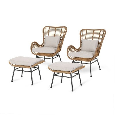 GDFStudio Izidro Indoor Boho Modern Wicker 4 Piece Club Chair and Ottoman Set