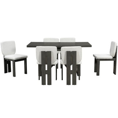 7-Piece Retro Dining Set, 1 Rectangular Table with Designed Trestle Base and 6 Upholstered Chairs - ModernLuxe