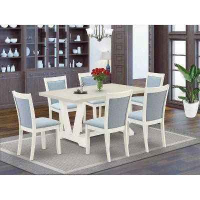 HomeStock 7-Piece Wire Brushed Linen White Finish Solid Wood Top Dining Table with 6 Chairs