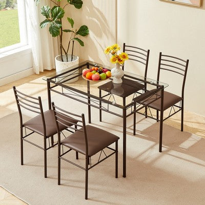 VECELO 5 Piece Dining Table Set with Glass Top Table & 4 Upholstered Chairs, Kitchen Rectangular Table Set Brown/Black