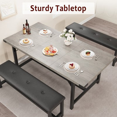 Dining Table Set for 4-6, Large Extendable Wooden Kitchen Table Set for 6, Rectangle Kitchen Table Set with 2 Upholstered Benches