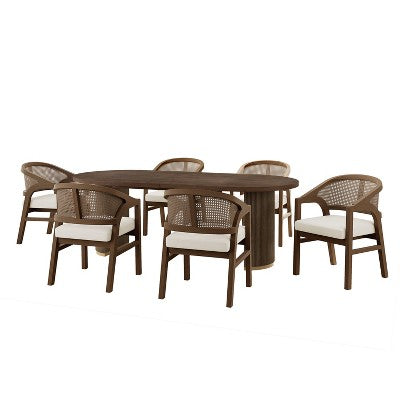 Christopher Knight Home Ilumia Rustic 7 Piece Rattan Rubberwood Upholstered Dining Chairs with Double Pedestal Oval Table