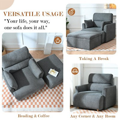 ModernLuxe Upholstered Chaise Lounge with Storage Ottoman, Wide Accent Chair Armchair Lazy Single Sofa Reading Couch Chair, Gray/Beige