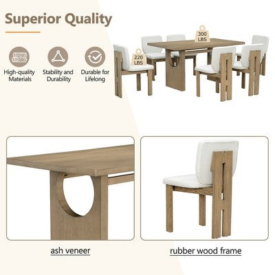 7-Piece Retro Dining Set, 1 Rectangular Table with Designed Trestle Base and 6 Upholstered Chairs - ModernLuxe