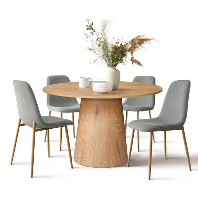 5-Piece Oak Round Dining Table Set, 46 Pedestal Table with 4 Upholstered Dining Chairs, Modern Dining Room Furniture-Panipeachy