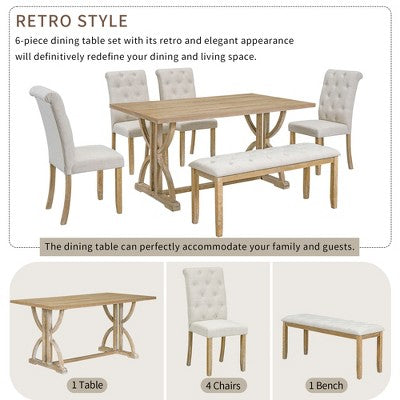 Farmhouse Dining Set for 4, Rectangular Kitchen Table Set with 4 Upholstered Chairs and Bench